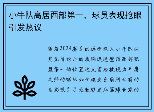 小牛队高居西部第一，球员表现抢眼引发热议