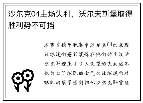 沙尔克04主场失利，沃尔夫斯堡取得胜利势不可挡